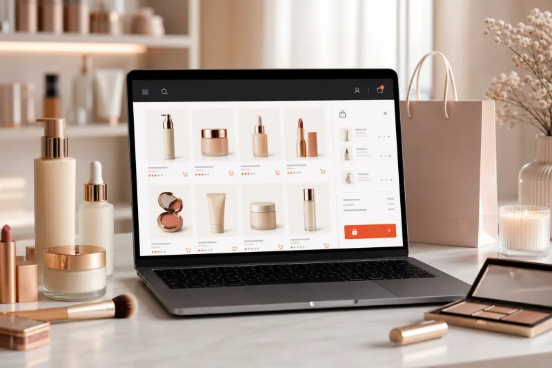 Cosmo Store cosmetics e-commerce website displayed on a laptop